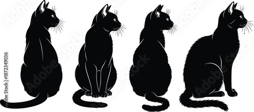 Black cat sitting silhouettes illustration, elegant feline profile poses vector set in realistic style, isolated pet animal design for logos, prints, tattoos and branding