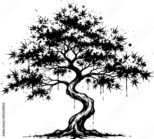 Artistic Black Ink Bonsai Tree Sketch and Splatter Graphic