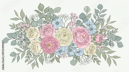 Beautiful Pastel Floral Arrangement with Roses and Greenery.