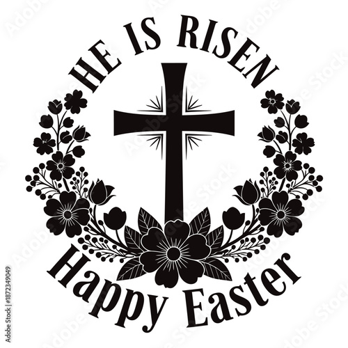 Black easter cross with flowers and he is risen happy easter text isolated on easter day