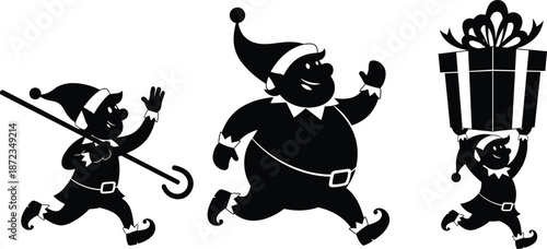 Christmas elf silhouette illustration set, playful Santa helper characters carrying gifts, festive holiday cartoon design, black vector artwork collection for branding use