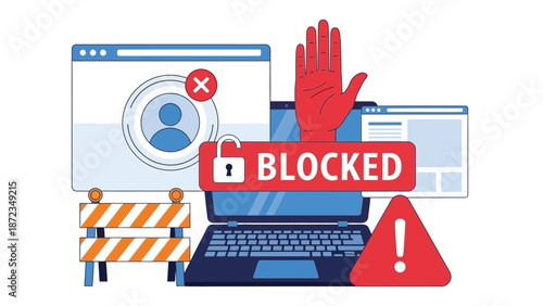 Blocked Access Warning On Laptop With Red Hand And Exclamation Triangle Illustration