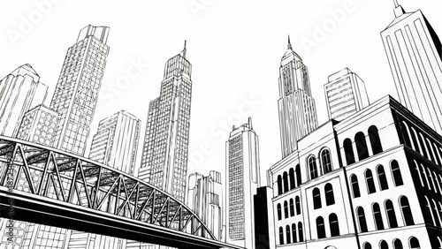 Black and white sketch of tall city skyscrapers and a bridge.