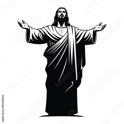 Black and white illustration of jesus christ with outstretched arms in a robe isolated on easter day