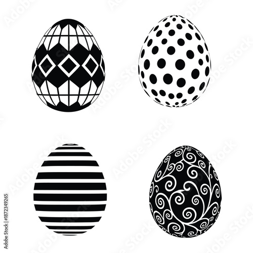 Four black and white easter eggs with various patterns isolated on easter day