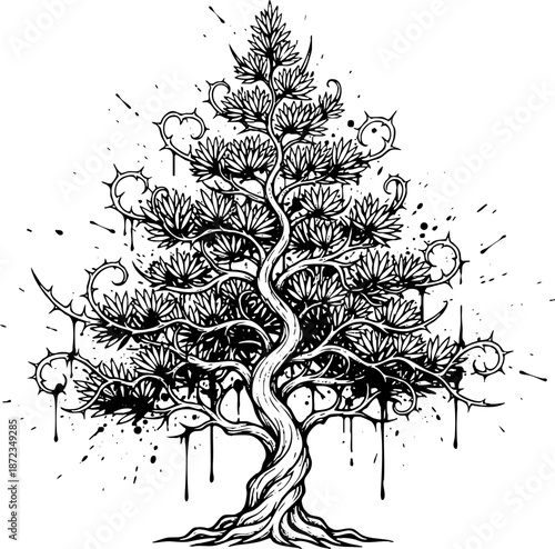 Distressed Ink Drawing of a Stylized Pine Tree