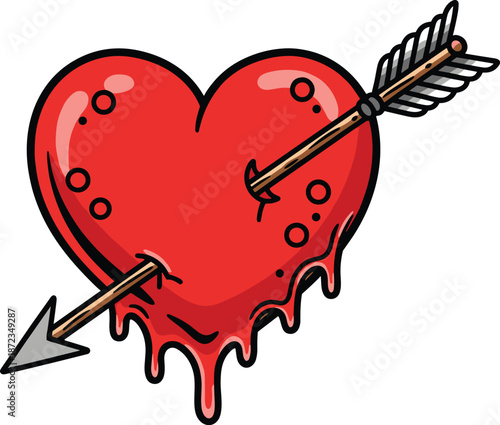 Pierced heart, dripping red, glossy love, heartbreak symbol, emotional pain, arrow through heart, romantic icon, flat vector illustration