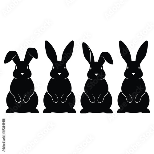 Four black rabbit silhouettes sitting in a row on easter day
