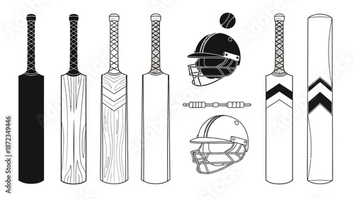 Cricket equipment illustrations featuring bats and protective gear on a white background