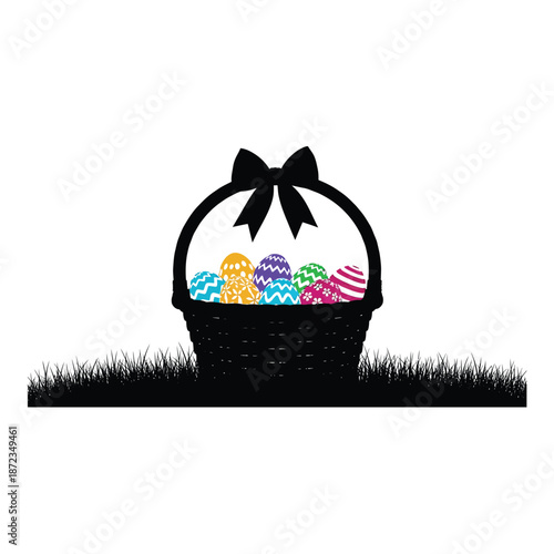 Easter basket filled with colorful eggs on grassy area easter day