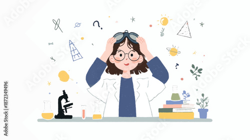 Cute girl scientist conducting experiment in modern laboratory classroom, women and girls in science education vector background