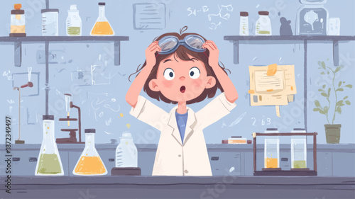 Cute girl scientist conducting experiment in modern laboratory classroom, women and girls in science education vector background