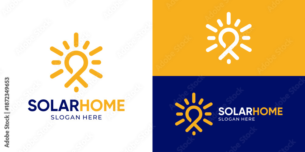 Fototapeta premium Creative simple solar home logo template. Sun with abstract home for Ecosource logo design vector illustration.
