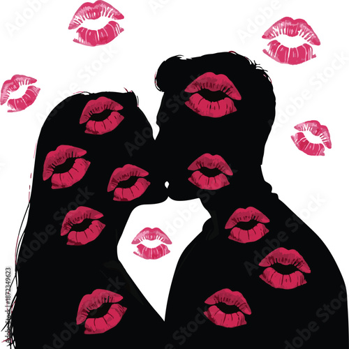 Silhouette of a Couple Kissing with Pink Lipstick Marks and Lip Prints on White Background