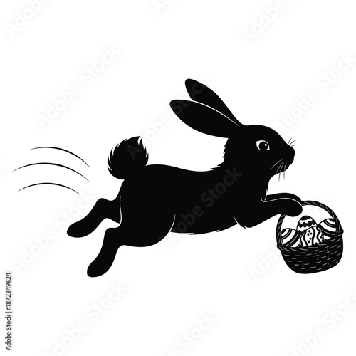 Black silhouette of a running rabbit holding an easter basket isolated on for holiday designs easter day