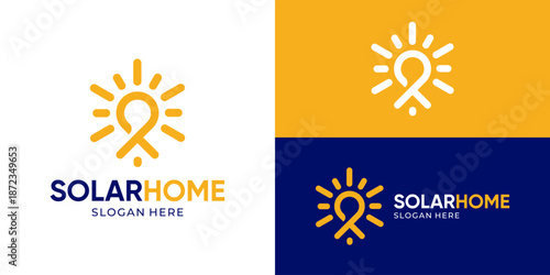 Creative simple solar home logo template. Sun with abstract home for Ecosource logo design vector illustration.