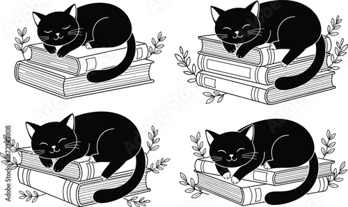 Cute sleeping cat illustration set, black cat resting on books, cozy reading concept, minimalist line art style, adorable pet vector design
