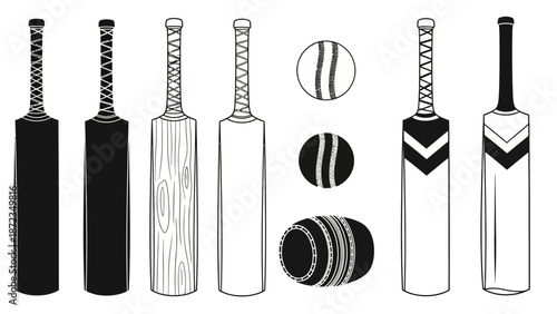 Cricket equipment illustration featuring bats and balls in various designs and white background