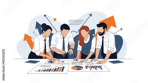 Teamwork strategy meeting with financial charts and growth arrows