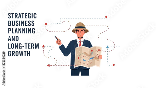 Businessman with map and dotted line path, strategic planning and growth concept