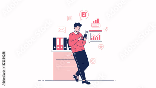 Man with smartphone checking business analytics and notifications in office