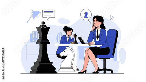 Businesswomen playing chess, strategy and decision making in corporate environment
