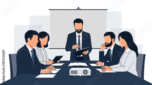 Business meeting in progress, team presenting ideas at conference table with projector