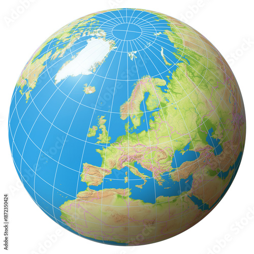 View of the Earth Globe from Space showing the country Denmark in the center of the image.