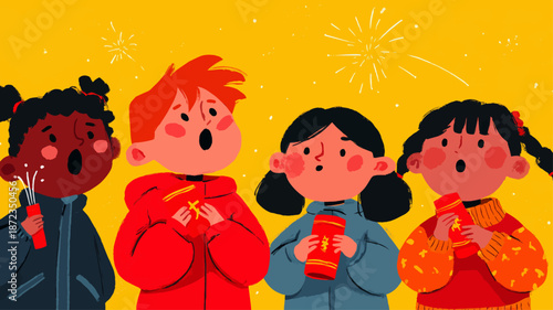 Cheerful children with firecrackers and red envelopes celebrating Lunar New Year 2026 in colorful festive vector illustration
