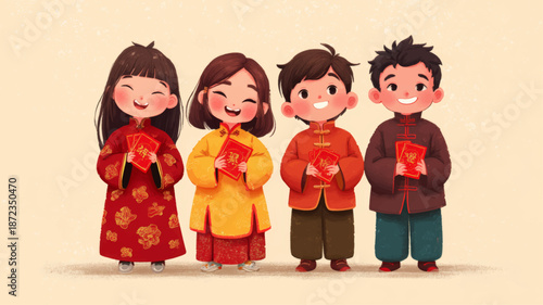 Happy children in traditional Chinese outfits holding red envelopes celebrating Lunar New Year 2026 festive vector background