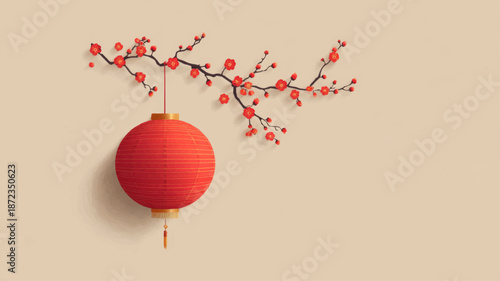 Minimal red lantern with cherry blossom branch symbolizing Lunar New Year 2026 elegant festive vector background design