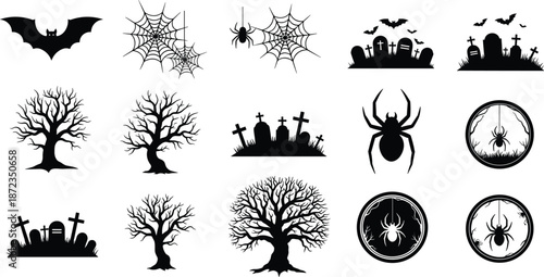 Halloween spooky silhouette elements set, bats spiders webs graveyards trees icons, horror gothic theme, black vector illustration collection