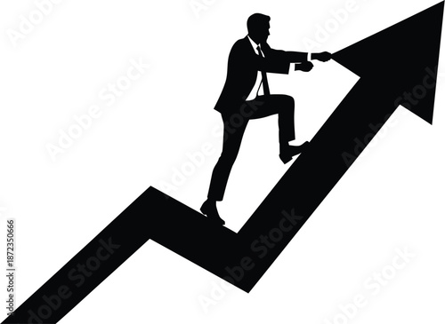 Silhouette of businessman diligently climbing a sharp upward trending arrow symbolizing rapid career advancement and consistent corporate growth achievement