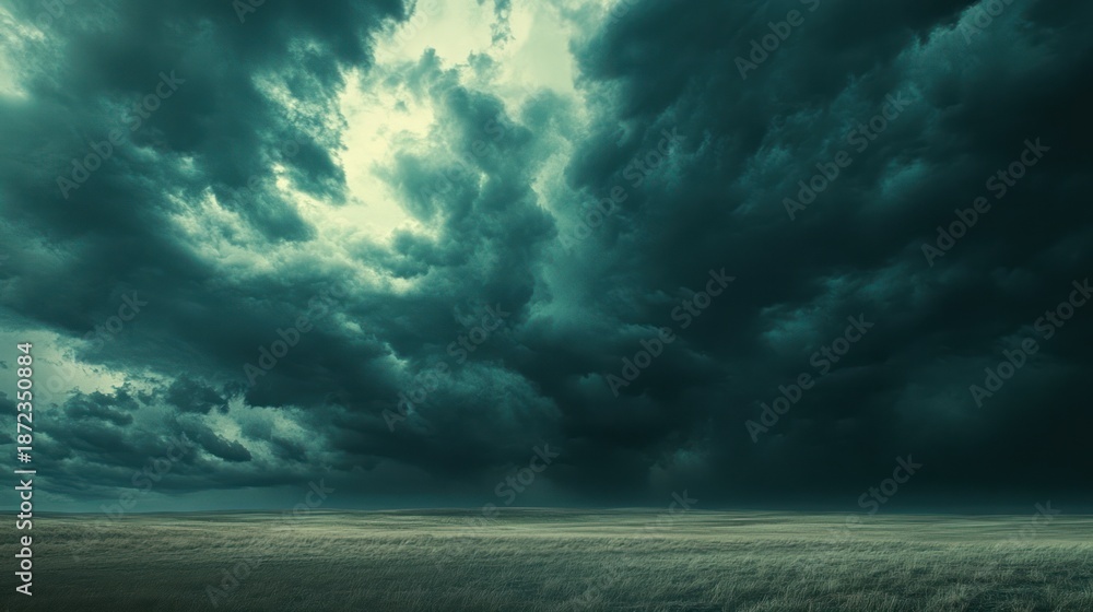 Obraz premium Impending Storm: Dramatic Teal Clouds over Serene Prairie
