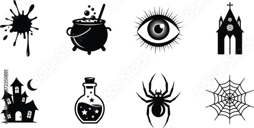 Halloween spooky silhouette icon set, witch cauldron potion eye spider web haunted house church symbols, horror magic theme, black vector illustration