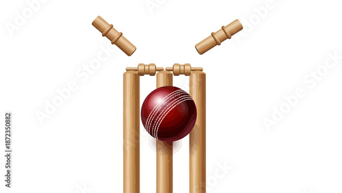 Cricket ball resting on wooden wickets with bails on white background