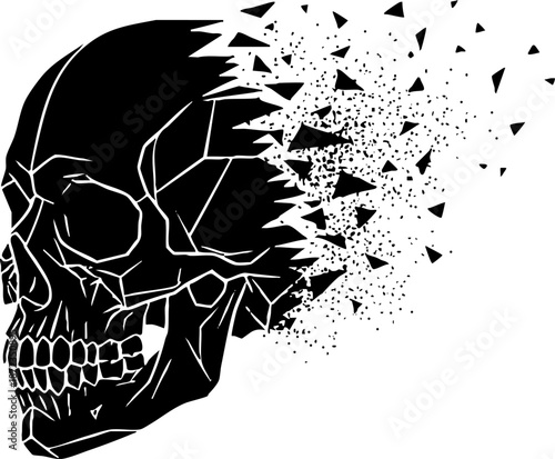 Abstract geometric skull dissolving into shards and particles.
