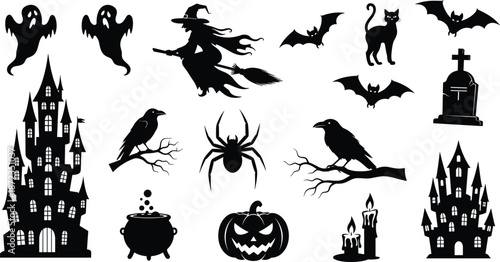 Halloween spooky silhouette icon set, witch ghost bat black cat raven pumpkin castle elements, haunted gothic theme, scary night vector illustration collection