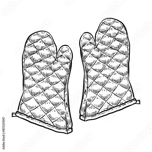 kitchen oven gloves heat resistant vector line art hand drawn illustration