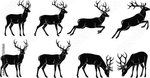 Running deer silhouette illustration set, stag poses walking jumping grazing, elegant antlered wildlife animals, forest nature theme, black vector design collection