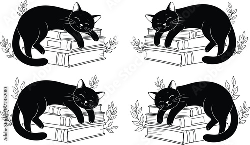 Sleeping cat illustration set with black feline resting on stacked books, cozy reading and library theme vector collection for pet, education and lifestyle design