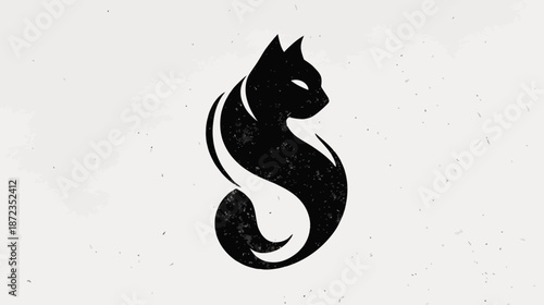 Elegant black cat silhouette illustration with abstract, graceful curves and subtle grunge texture. Modern feline graphic on white background.