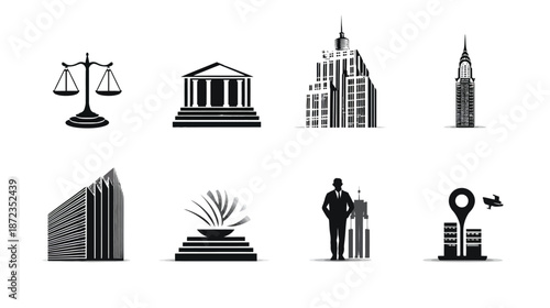 Government, Law, Finance, City Architecture & Travel Icons Set. Generic black silhouette symbols for urban life, business, justice, and navigation.