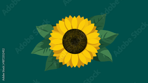 Bright yellow sunflower illustration with green leaves on a dark teal background, a cheerful floral flat design element.