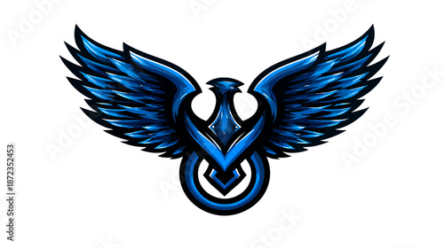 Powerful blue winged mythical bird emblem. Dynamic phoenix or eagle vector design with spread wings, representing strength and freedom.