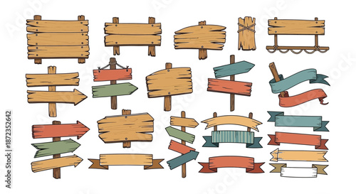 Collection of various wooden signs and ribbons perfect for design projects