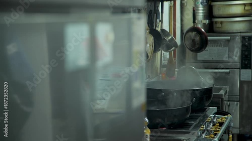 machine, cooking, pan, kitchen, chef, stove, cook, frying, dinner, fire, fried, restaurant, fry, hot, flame, pot, wok, cuisine, metal, industrial, steel