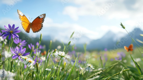 Vibrant butterfly flutters above colorful wildflowers in serene meadow, showcasing nature beauty and tranquility