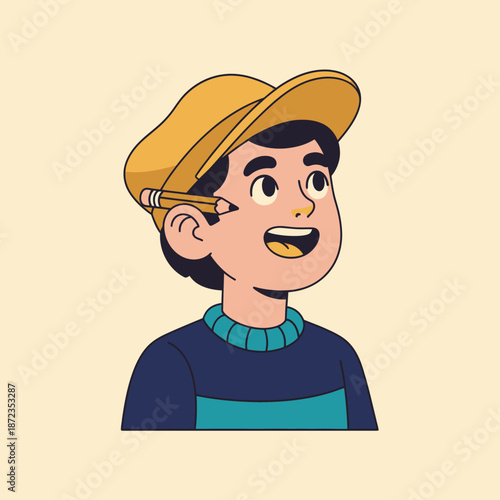 Cartoon boy with pencil behind ear.