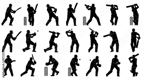 Silhouettes of cricket players in various batting stances and actions on a white background